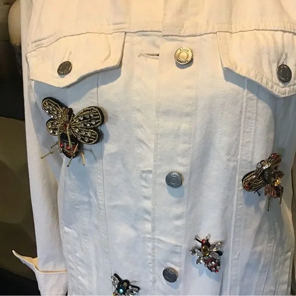 White Jean Jacket with Bees Butterfly Embellishments - Picture 5 of 6